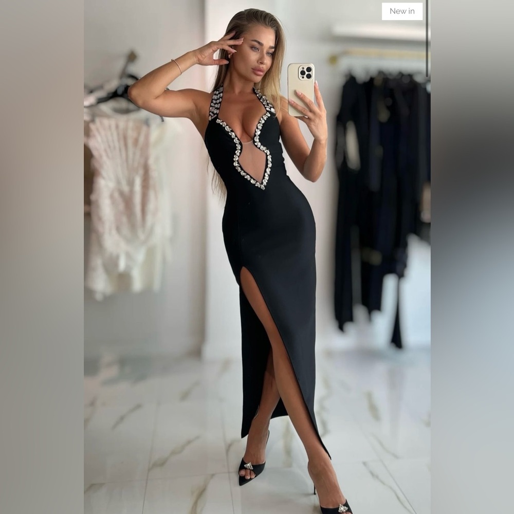 JESSICA BARA Shahaira Crystal cut out slit maxi dress